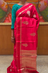 Cherry Red Chiniya Silk Saree