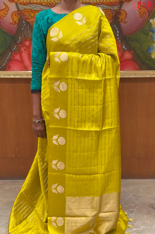 Olive Yellow Chiniya Silk Saree
