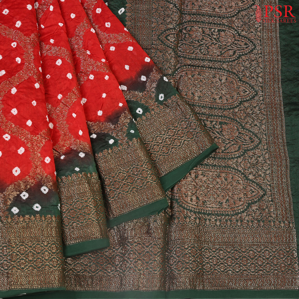 Red & Dark Green Bandhini Silk Cotton Saree