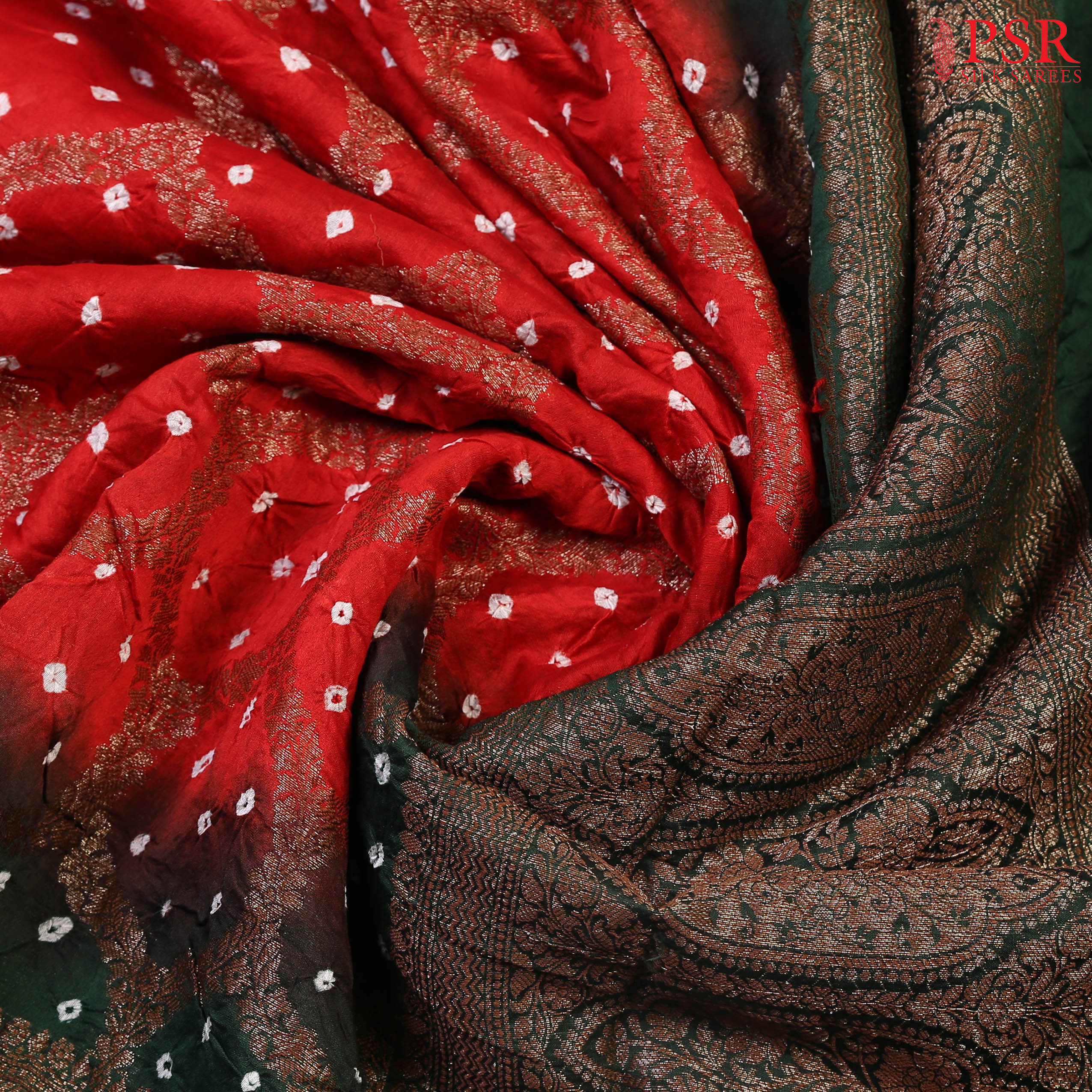Red & Dark Green Bandhini Silk Cotton Saree
