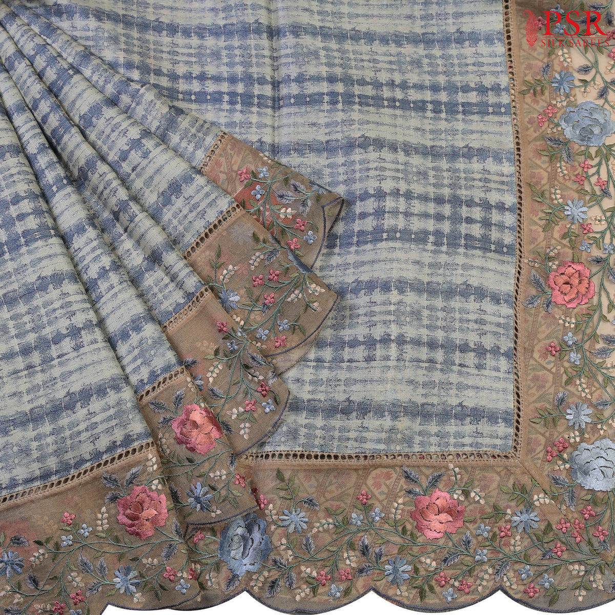 Steel Blue & Beige Kadhi Silk Embroidery Saree