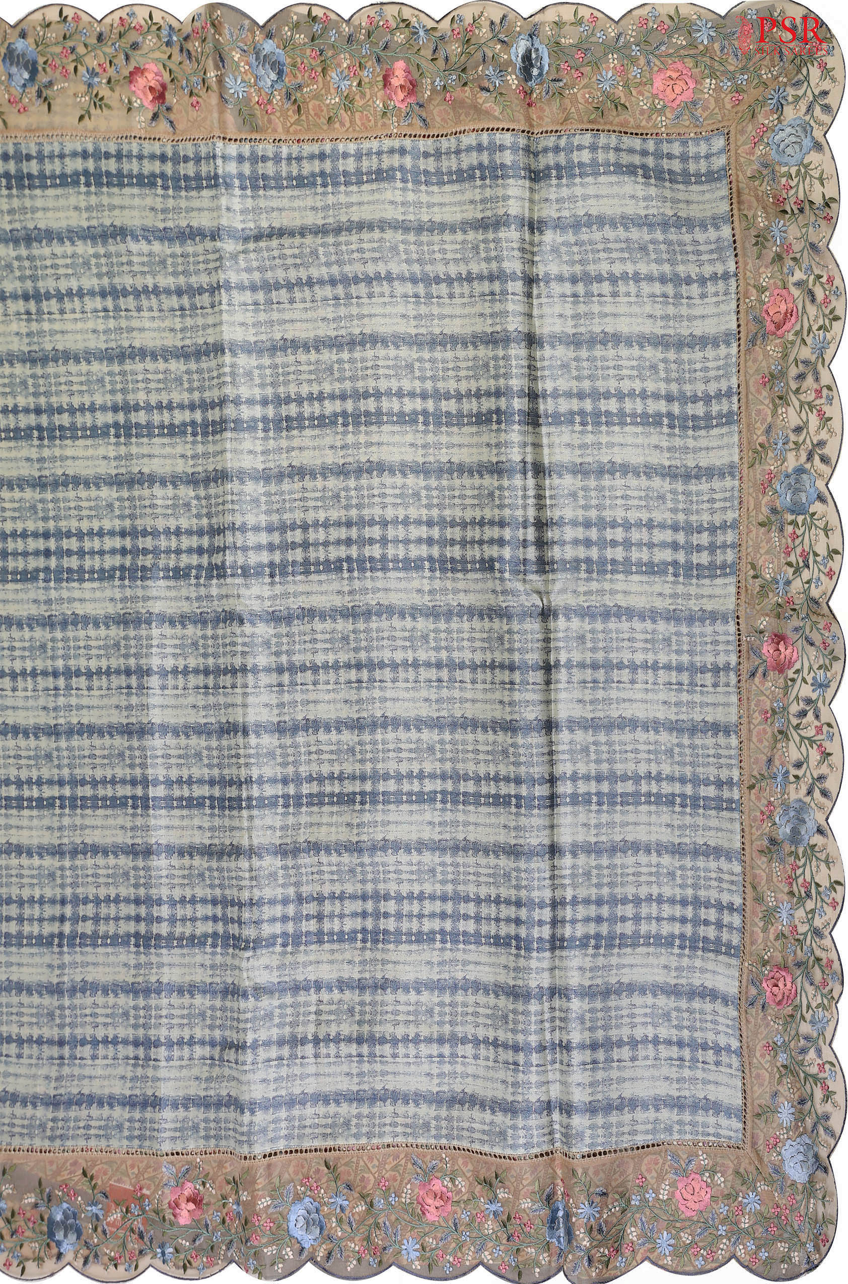Steel Blue & Beige Kadhi Silk Embroidery Saree