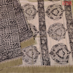 Beige & Black Kalamkari Printed Cotton Saree