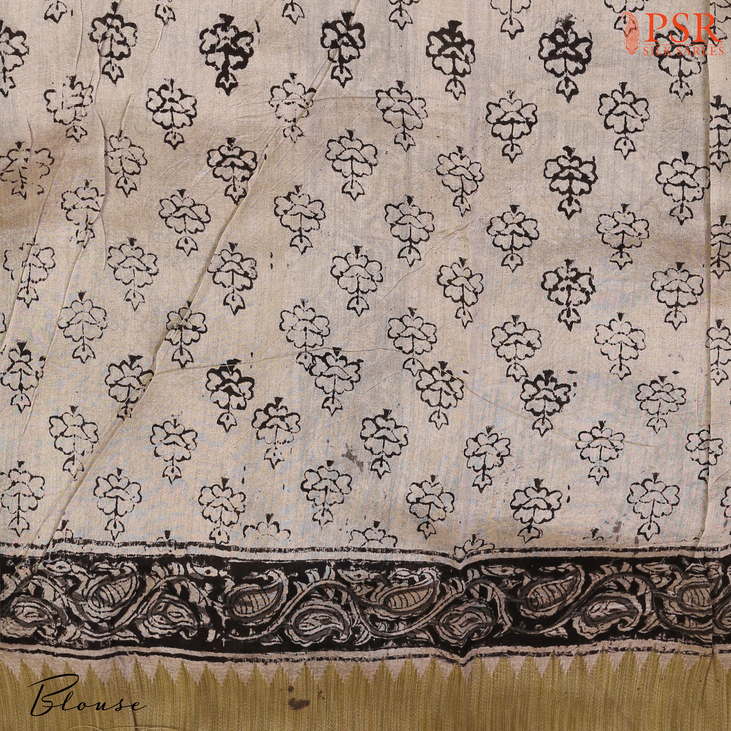 Beige & Black Kalamkari Printed Cotton Saree