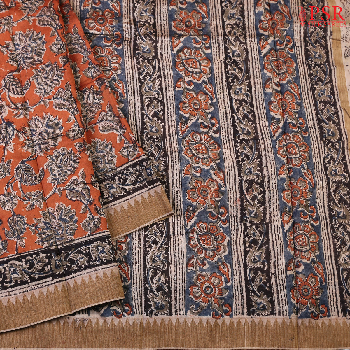 Dark Orange Kalamkari Printed Cotton Saree