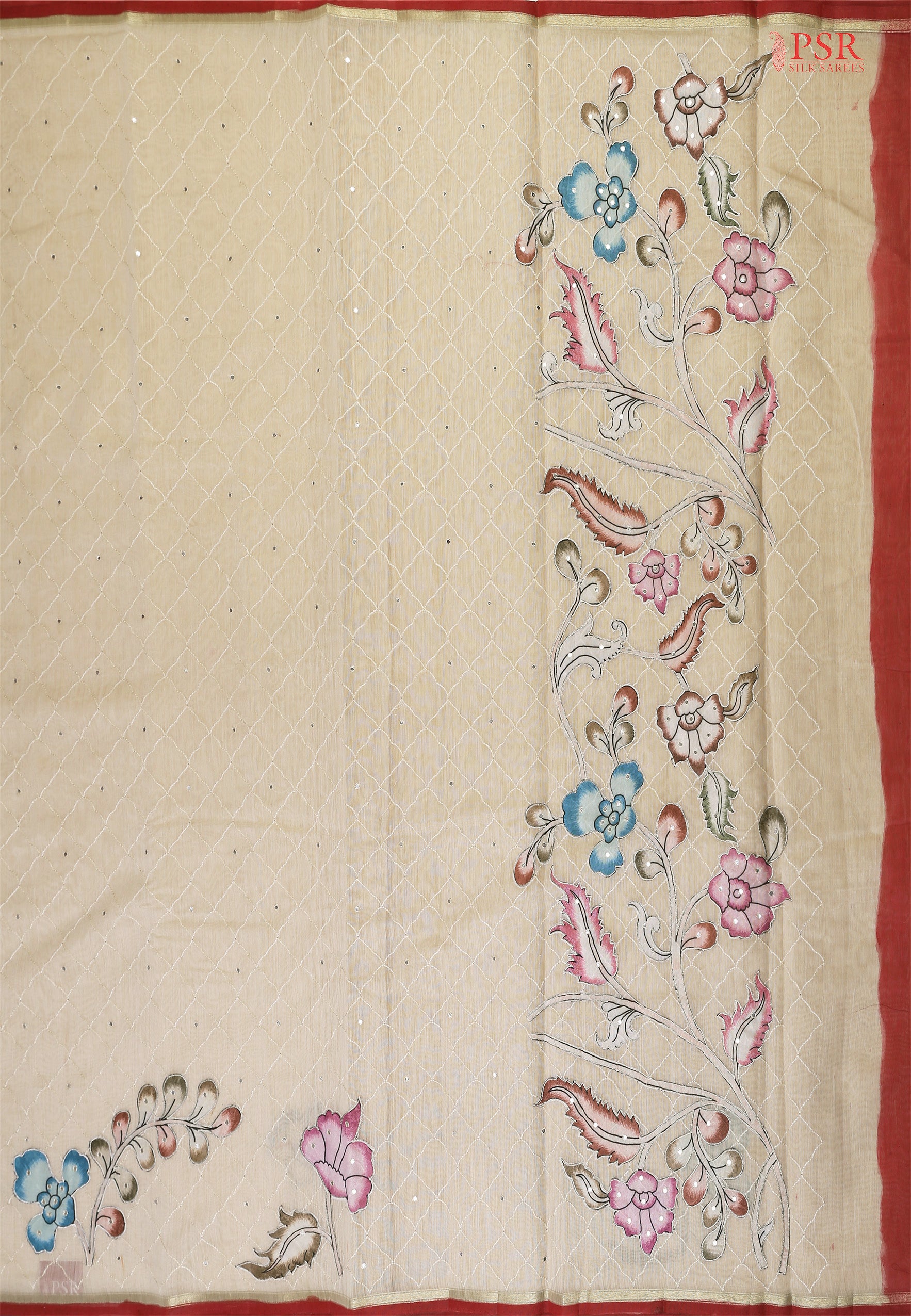 Beige Silk Cotton Cutwork Saree