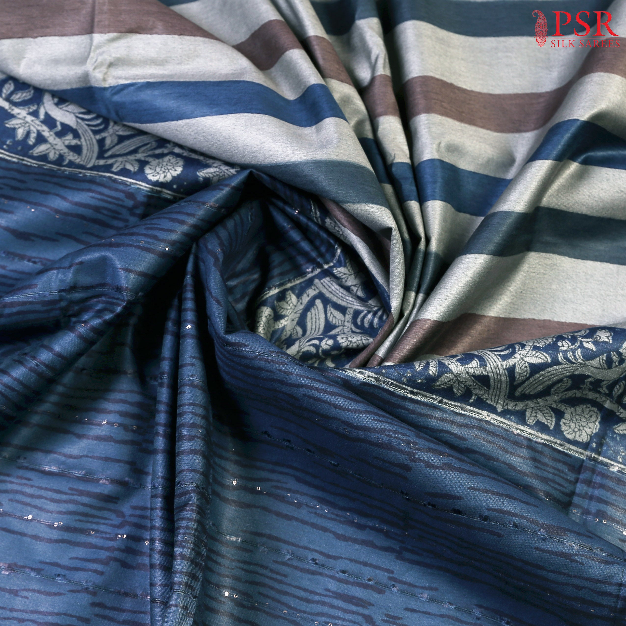 Grey & Blue Semi Tussar Silk Saree