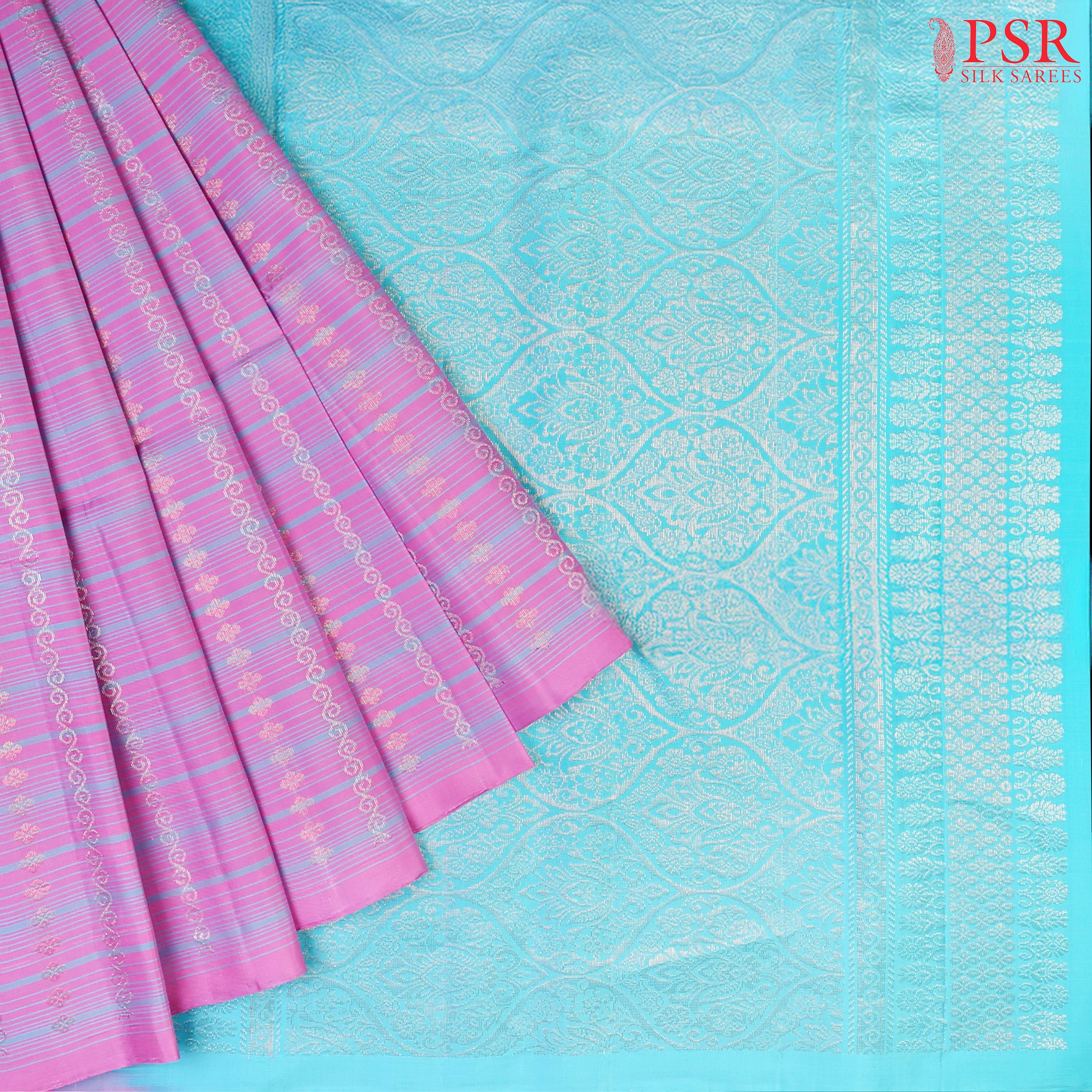 PSR Silk Sarees presents a Lavender Rose&nbsp;Soft Silk Saree, beautifully complemented with an&nbsp;Aqua Blue combination. 