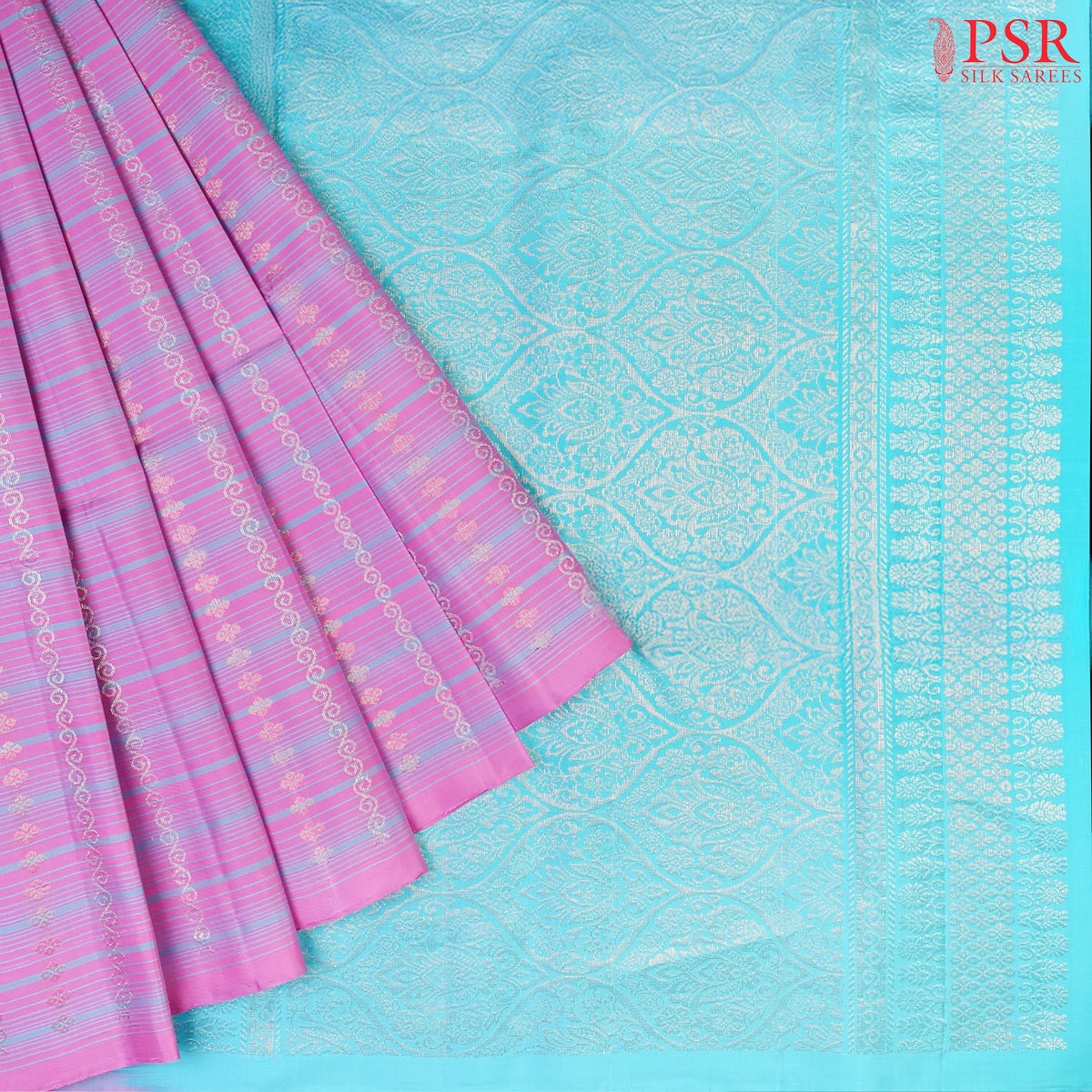 PSR Silk Sarees presents a Lavender Rose&nbsp;Soft Silk Saree, beautifully complemented with an&nbsp;Aqua Blue combination. 