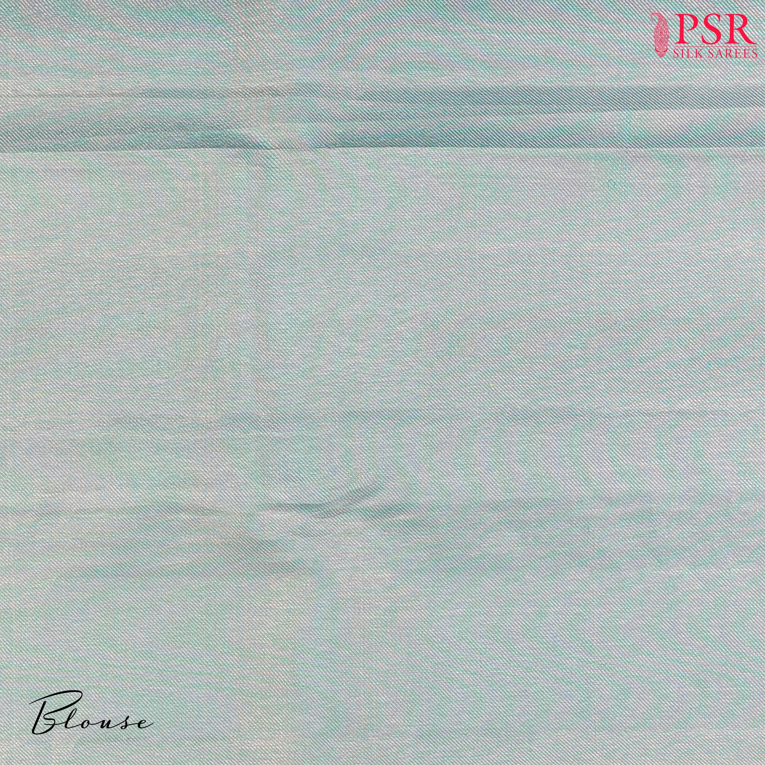 Light Turquoise Kanchipuram Silk Saree with checkered jacquard work, rich zari pallu, and blouse with Vazha Illai Stripes