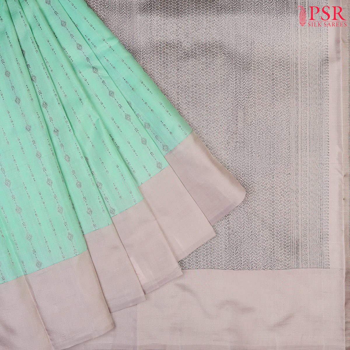 PSR Silks presents a Magic Mint colored Fancy Kanchipuram Silk saree with combination of Ecru Grey color.