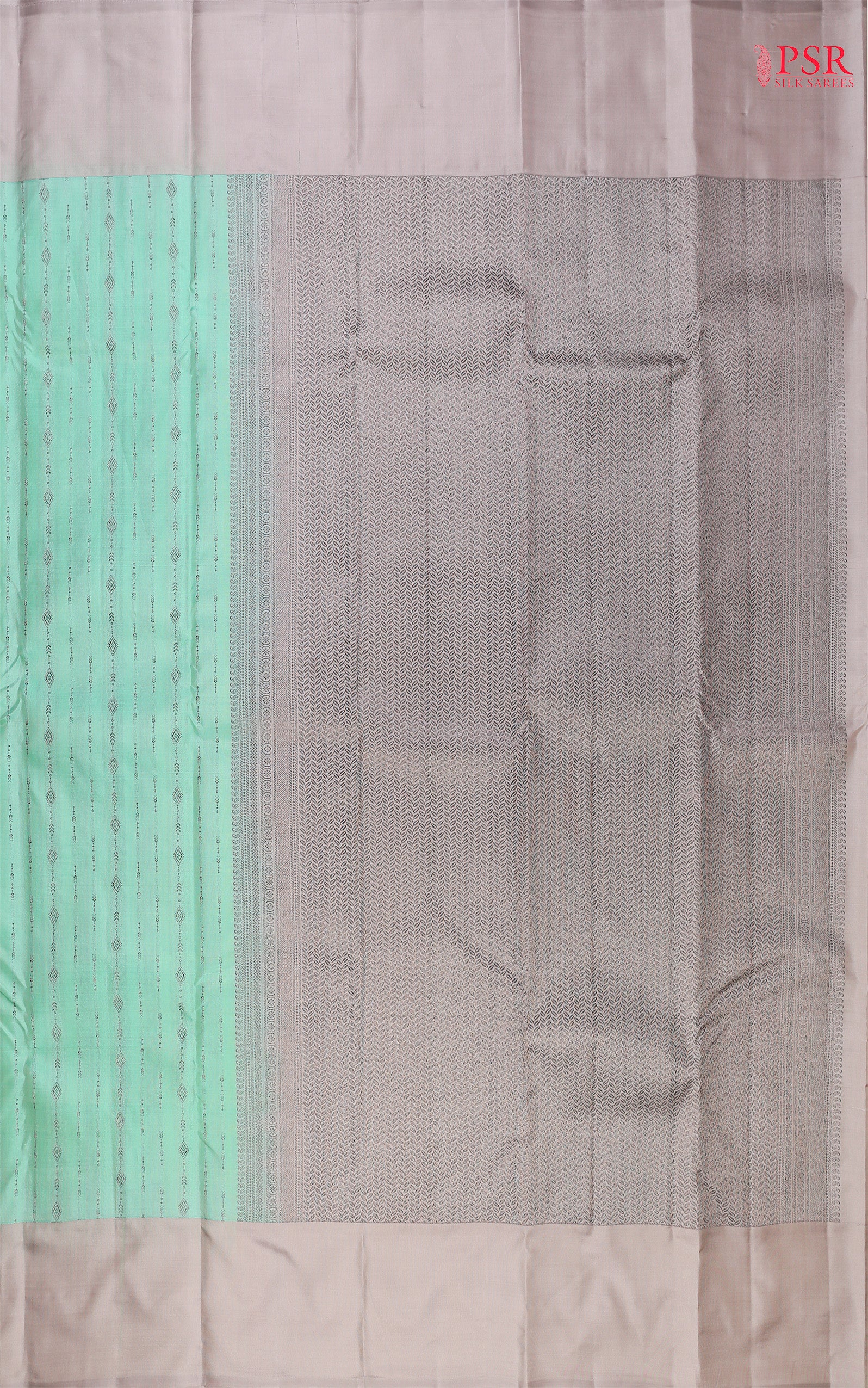 PSR Silks presents a Magic Mint colored Fancy Kanchipuram Silk saree with combination of Ecru Grey color.