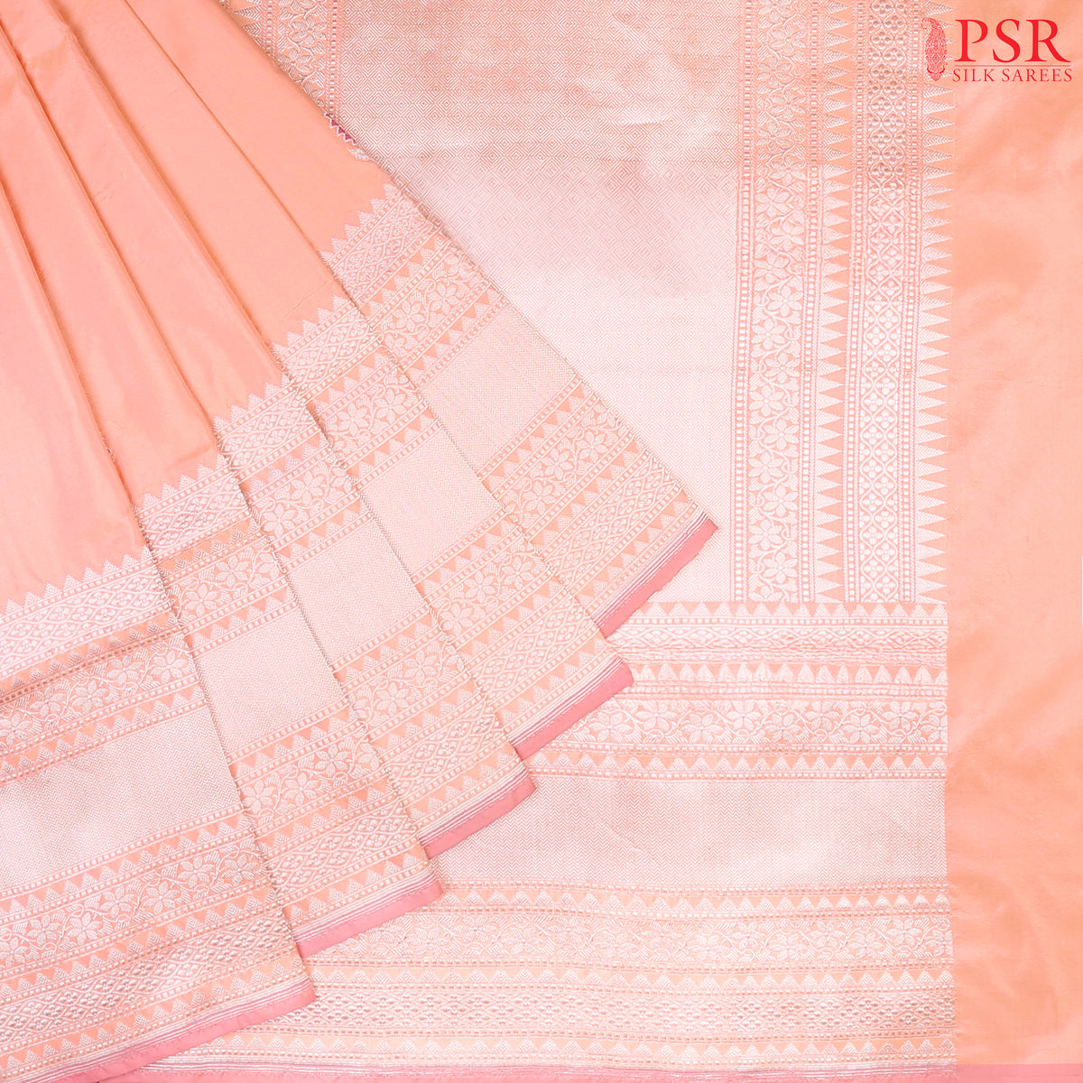 Discover the timeless charm of our Melon Peach Banarasi Katan Silk Saree, paired gracefully with a soothing Light Pink combination.