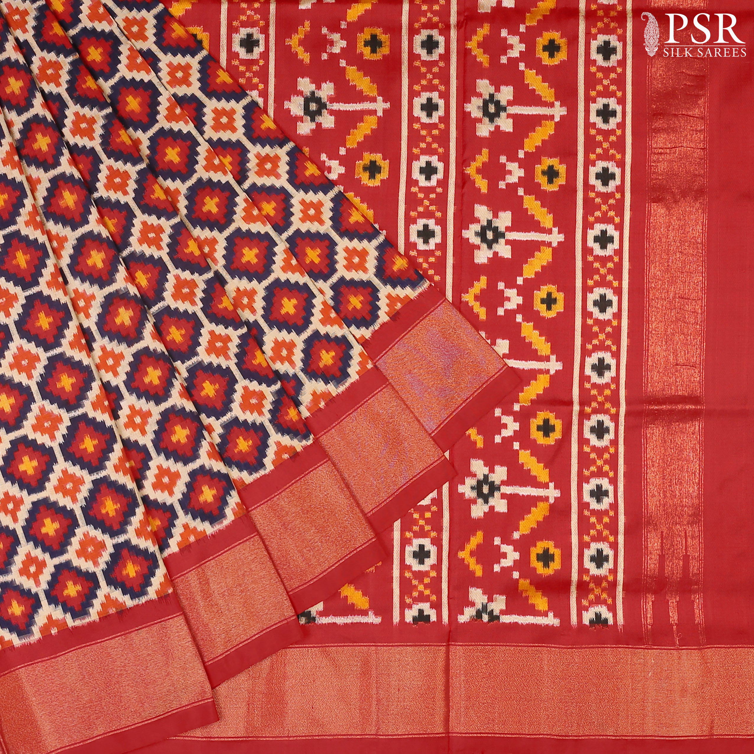 PSR Silks brings you a breathtaking Midnight Blue &amp; Beige Pochampally Ikkat Silk Saree,