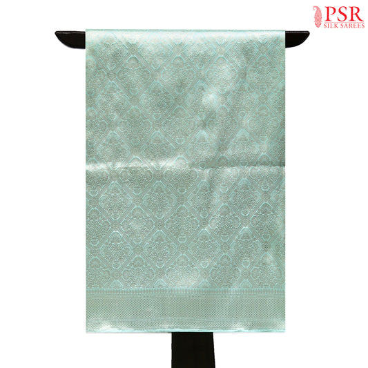 Experience elegance with PSR Silks' enchanting Mint Green pure Banarasi saree, featuring exquisite zari jacquard work.