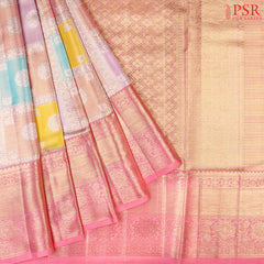 Multicolored Kanchipuram Tissue Silk Saree with a checkered box pattern and grand floral zari work