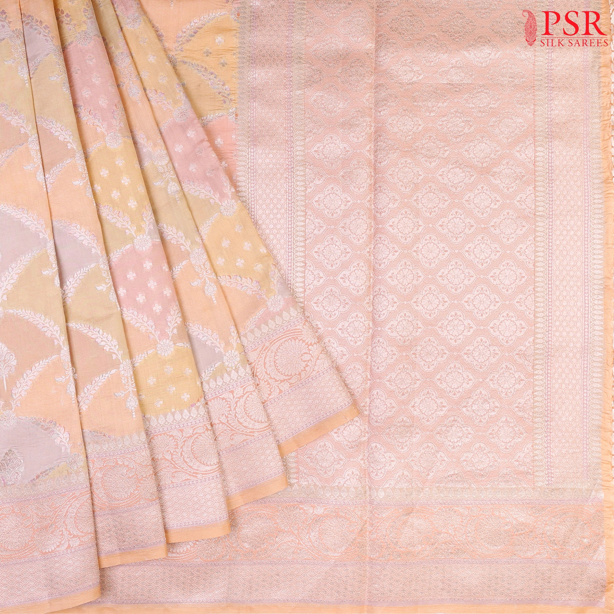 Pastel Multicolor Chiniya Silk Saree with artistic colorful patterns and silver zari work.