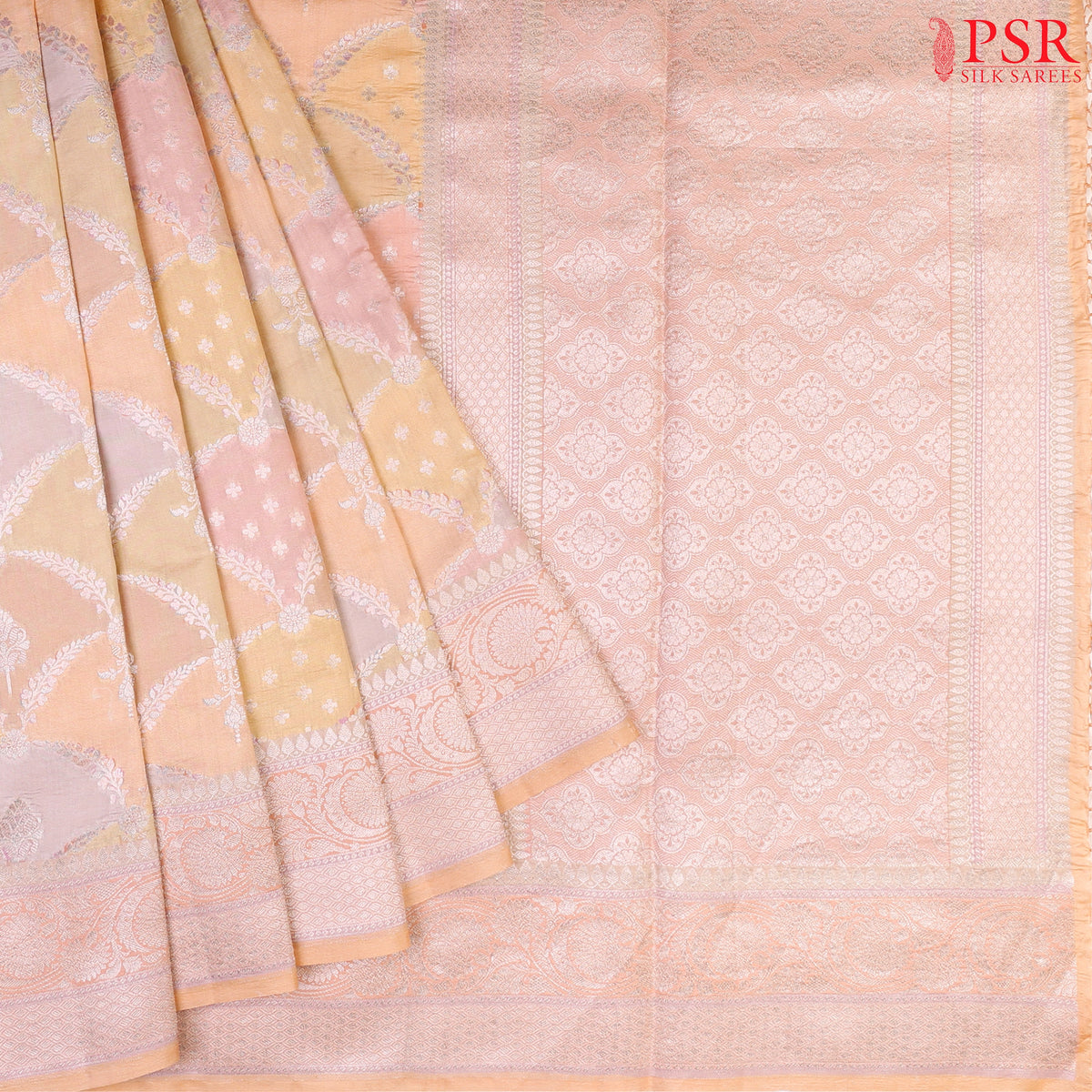 Pastel Multicolor Chiniya Silk Saree with artistic colorful patterns and silver zari work.