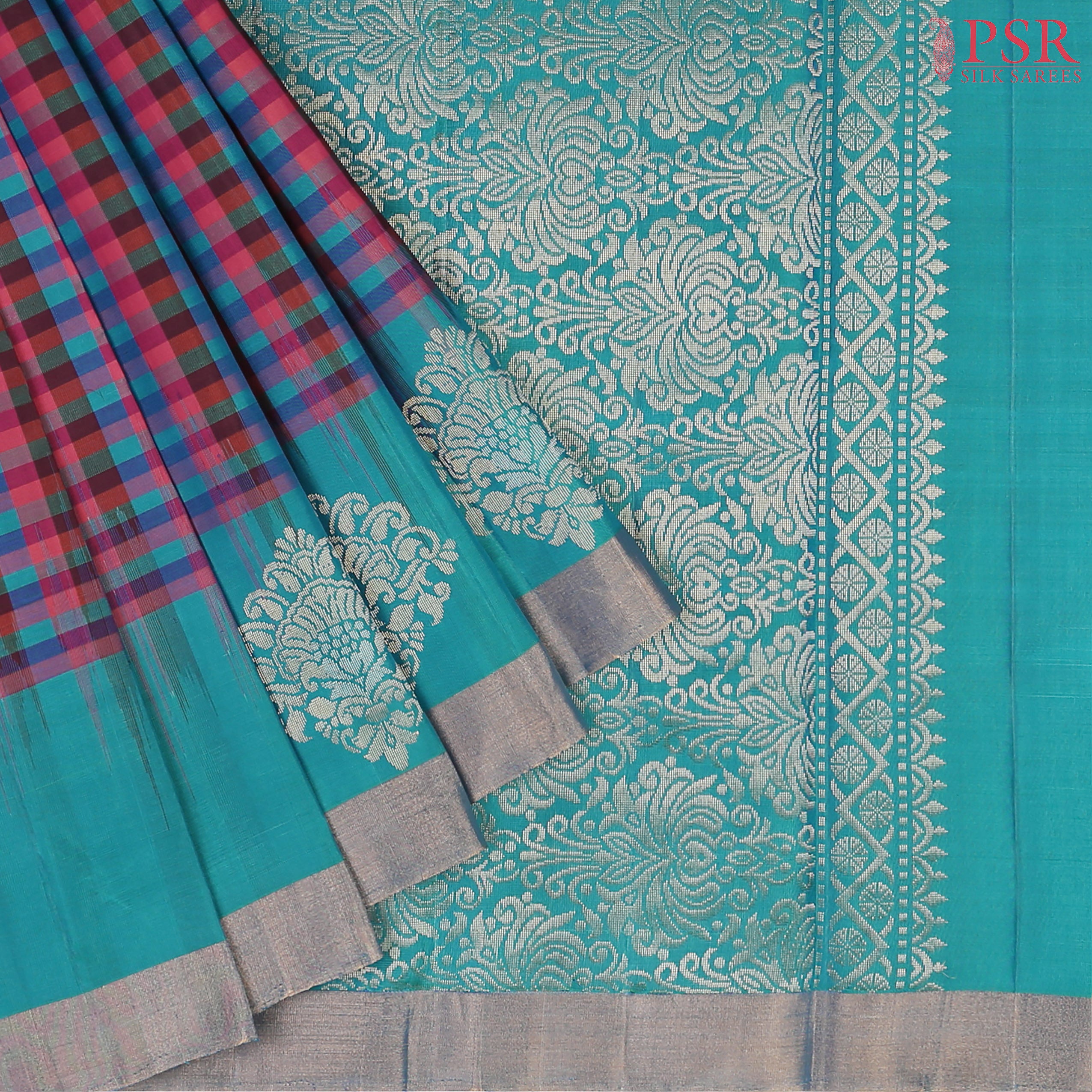 PSR Silk Sarees presents an exquisite Multicolored Soft Silk Saree beautifully complemented by a Turquoise Cyan hue. 