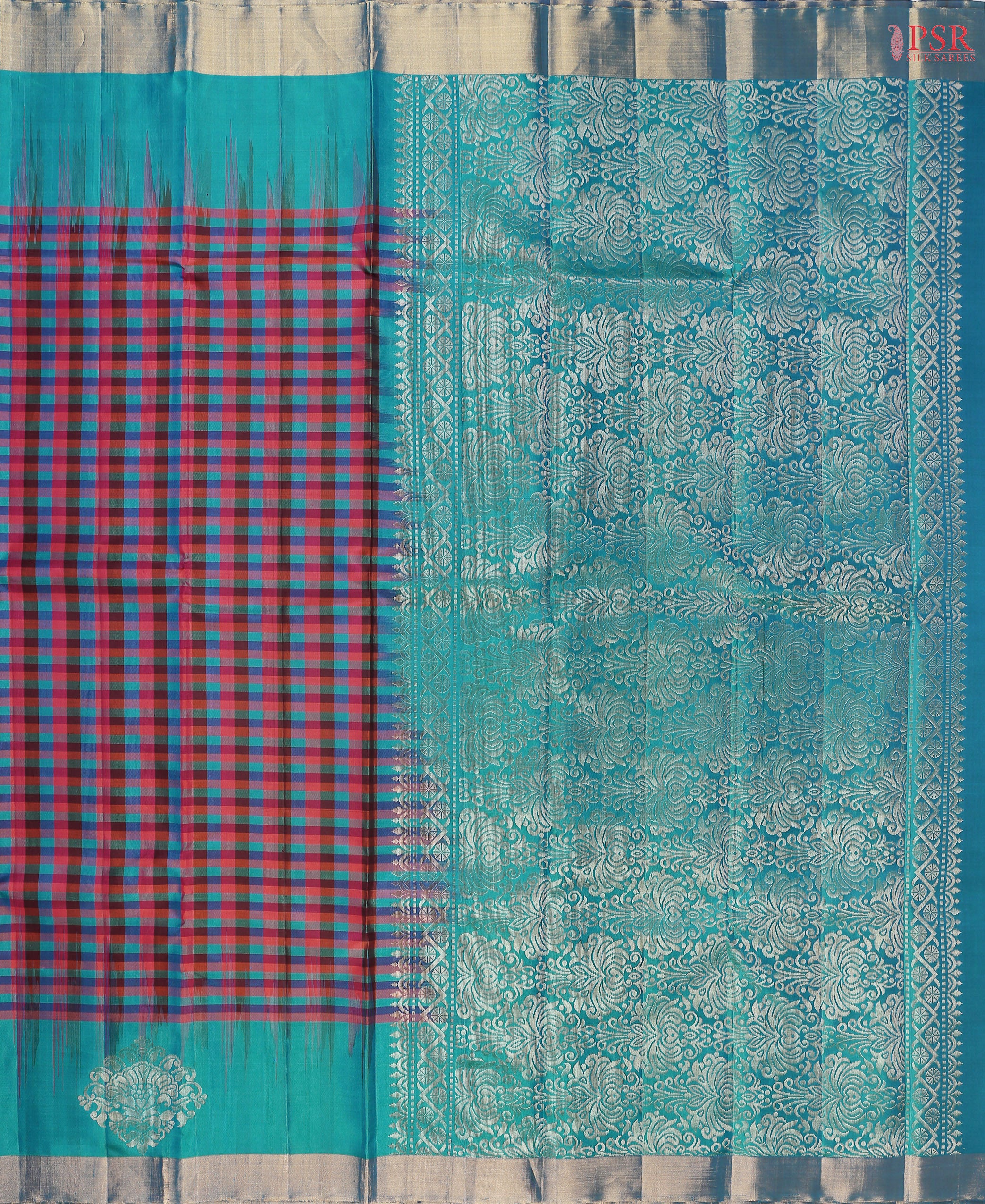PSR Silk Sarees presents an exquisite Multicolored Soft Silk Saree beautifully complemented by a Turquoise Cyan hue. 