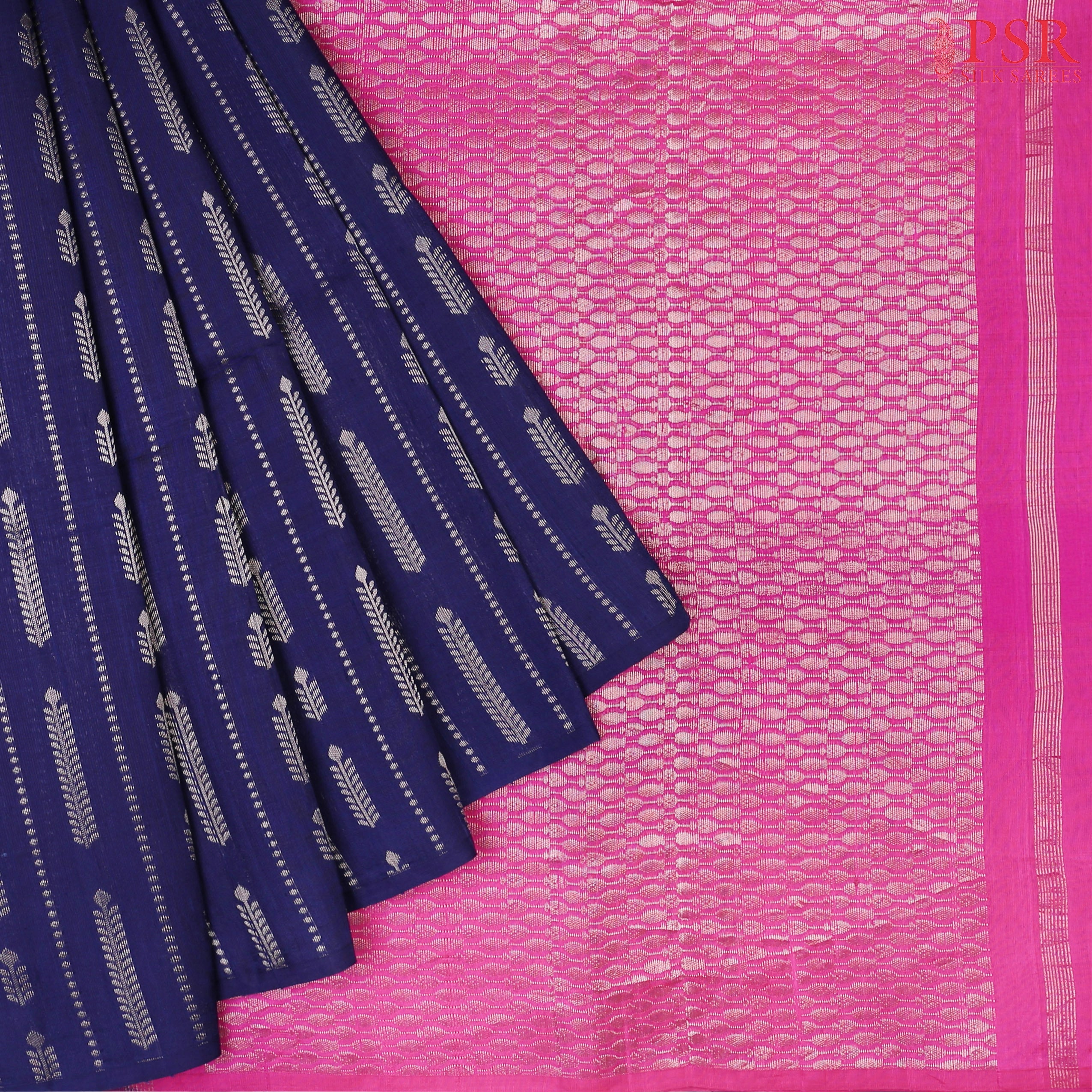 Navy Blue Jute Soft Silk Saree with silver zari stripes, Wheat Kernel motifs, Pink pallu with zari detailing, and a matching plain blouse