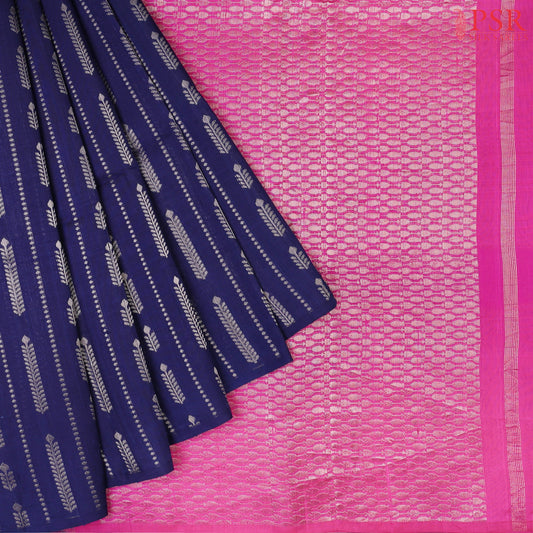 Navy Blue Jute Soft Silk Saree with silver zari stripes, Wheat Kernel motifs, Pink pallu with zari detailing, and a matching plain blouse