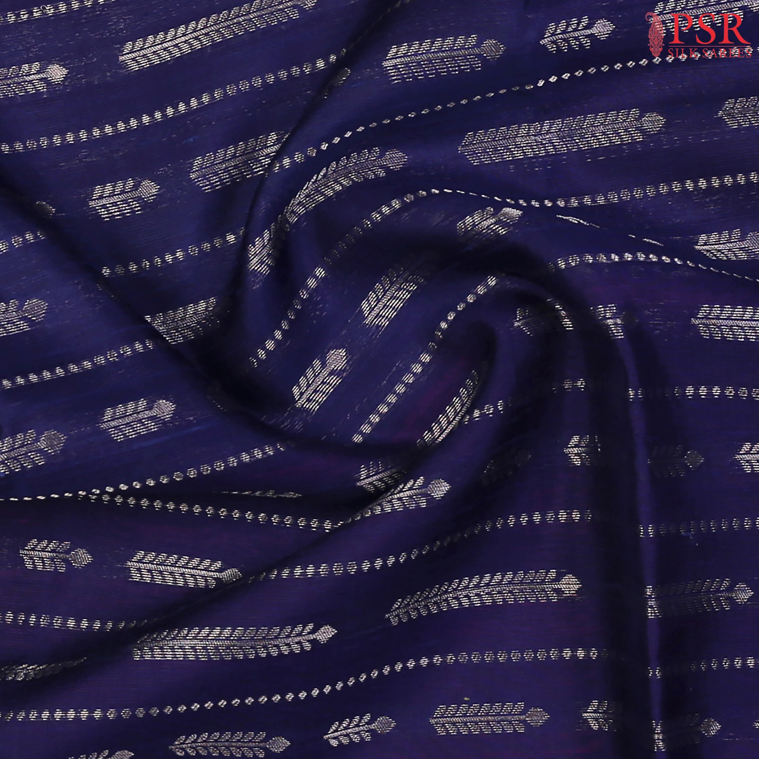 Navy Blue Jute Soft Silk Saree with silver zari stripes, Wheat Kernel motifs, Pink pallu with zari detailing, and a matching plain blouse