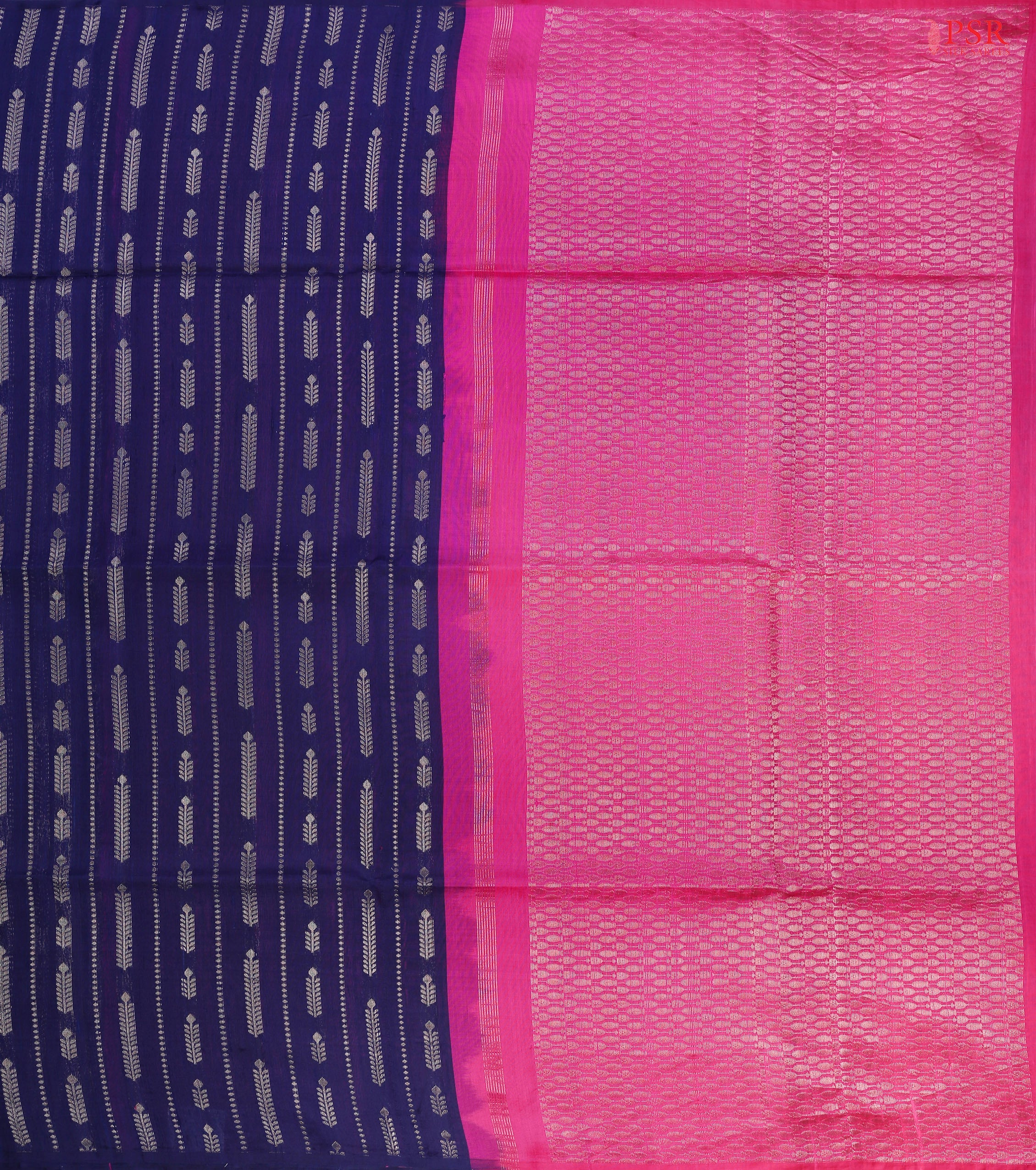 Navy Blue Jute Soft Silk Saree with silver zari stripes, Wheat Kernel motifs, Pink pallu with zari detailing, and a matching plain blouse