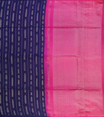 Navy Blue Jute Soft Silk Saree with silver zari stripes, Wheat Kernel motifs, Pink pallu with zari detailing, and a matching plain blouse