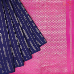 Navy Blue Jute Soft Silk Saree with silver zari stripes, Wheat Kernel motifs, Pink pallu with zari detailing, and a matching plain blouse
