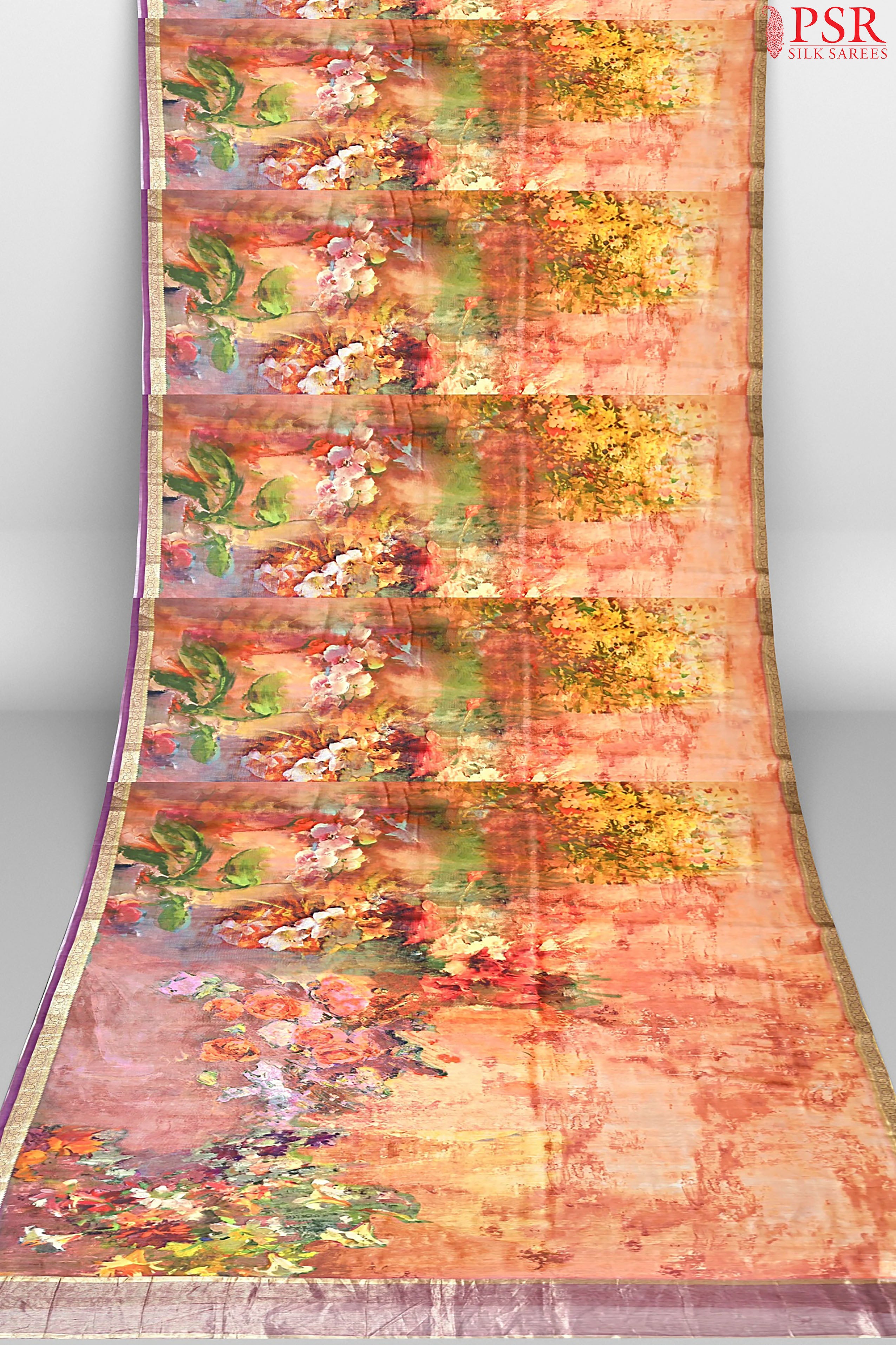 Floral Orange Chiniya Silk Saree