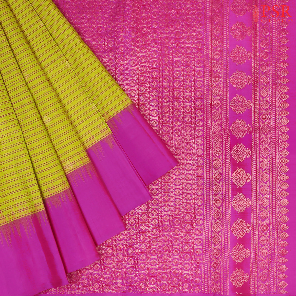 Drape yourself in the timeless beauty of our Olive Yellow Soft Silk Saree, gracefully paired with a Magenta Purple contrast. The saree features a classic checkered pattern, adorned with delicate golden zari floral motifs, adding a touch of regal charm. 