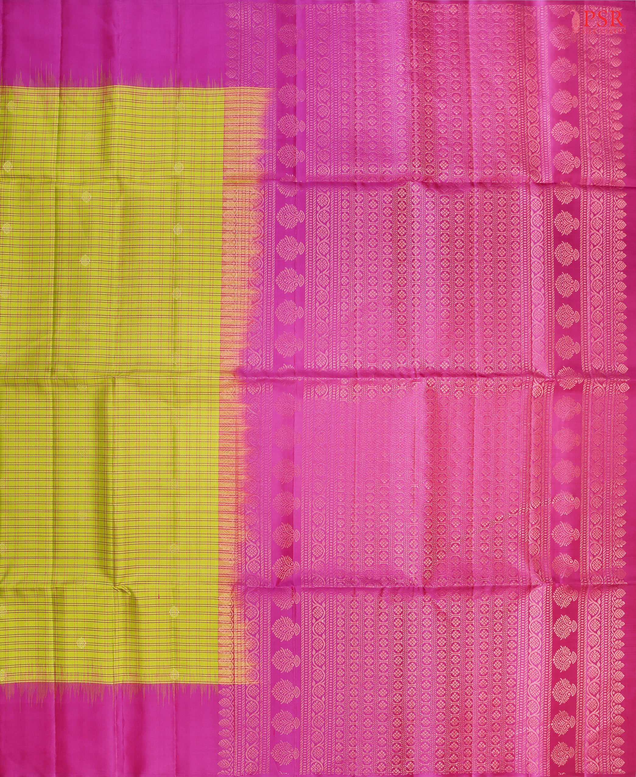 Drape yourself in the timeless beauty of our Olive Yellow Soft Silk Saree, gracefully paired with a Magenta Purple contrast. The saree features a classic checkered pattern, adorned with delicate golden zari floral motifs, adding a touch of regal charm. 