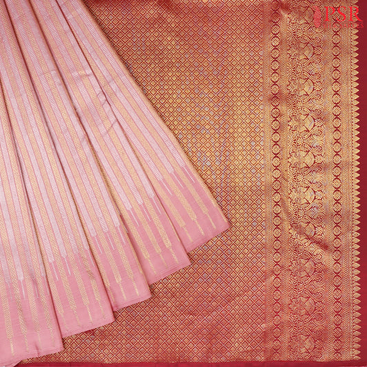 Elegant Oriental Pink Kanchipuram Silk Saree with silver & golden zari jacquard stripes