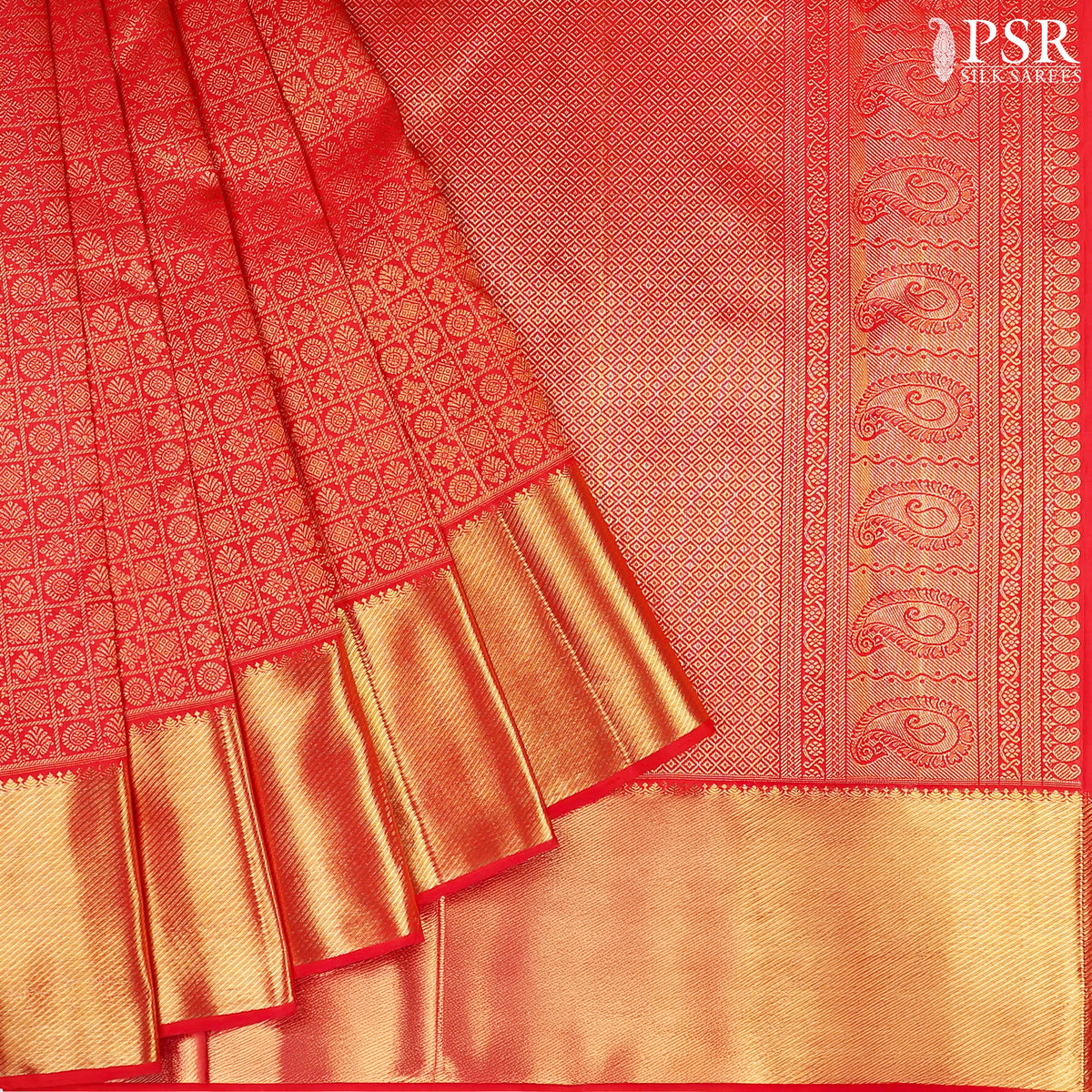 Red Kanchipuram Bridal Silk Saree with Golden Zari Jacquard Checks, Chakra & Floral Motifs, Rich Zari Pallu & Border – PSR Silks