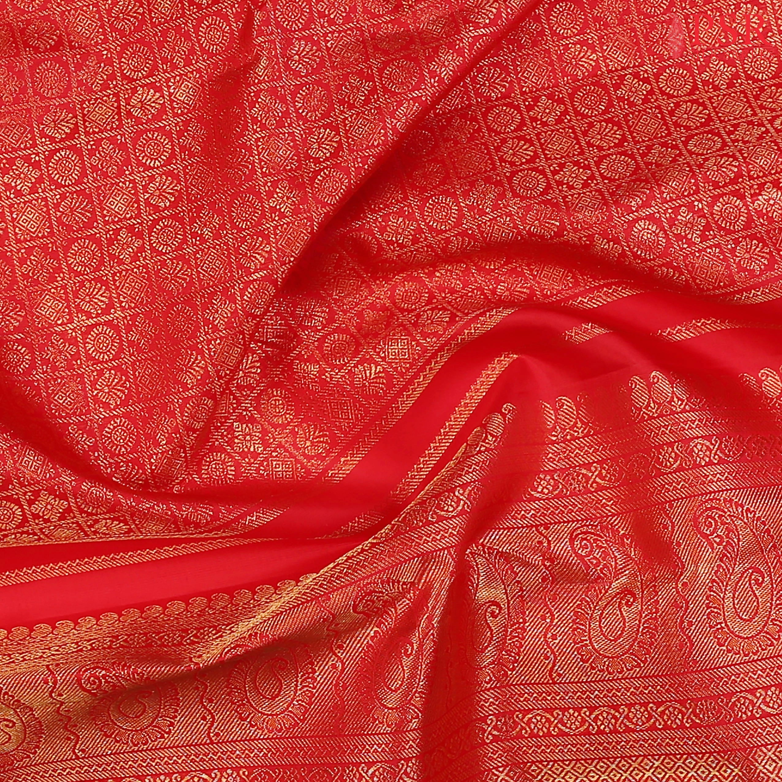 Red Kanchipuram Bridal Silk Saree with Golden Zari Jacquard Checks, Chakra & Floral Motifs, Rich Zari Pallu & Border – PSR Silks