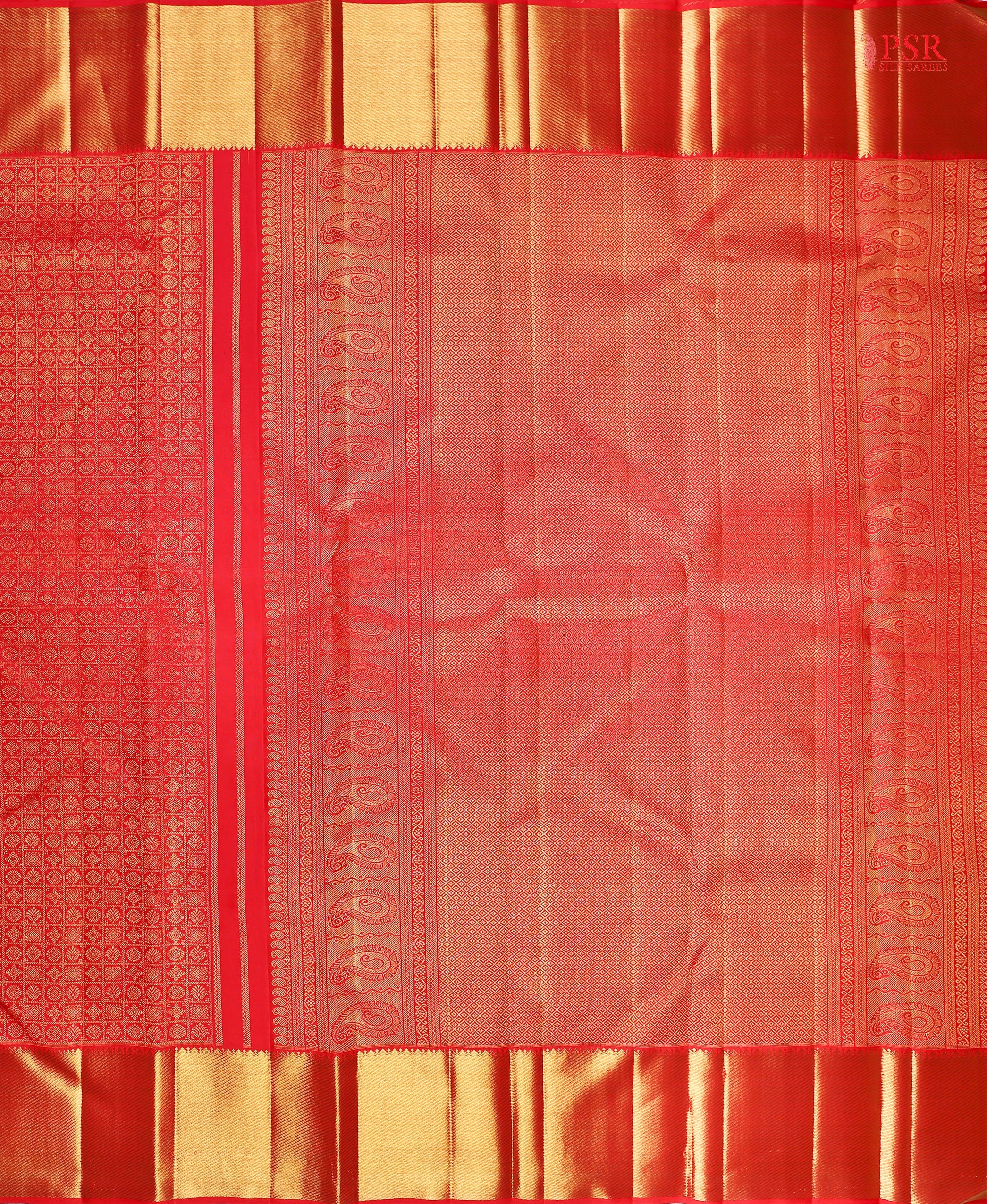 Red Kanchipuram Bridal Silk Saree with Golden Zari Jacquard Checks, Chakra & Floral Motifs, Rich Zari Pallu & Border – PSR Silks