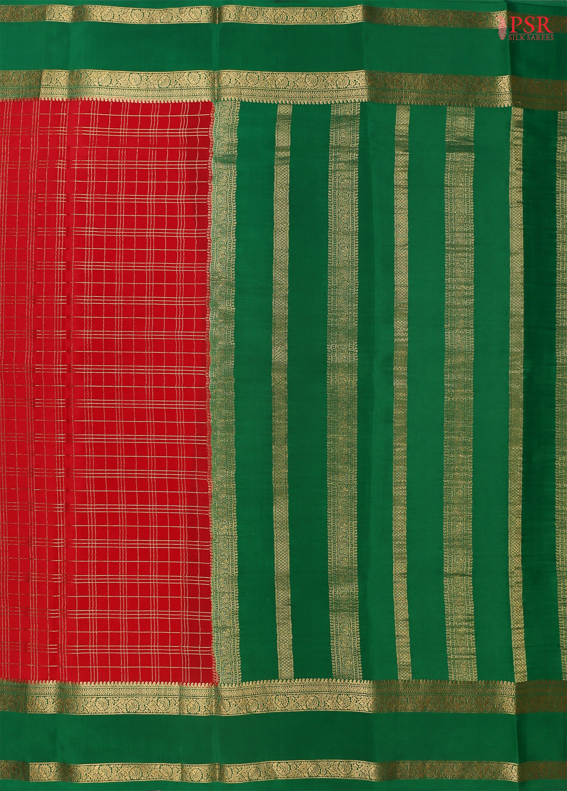 PSR Silks presents a Red colored Mysore Silk saree with combination of Emerald Green color.