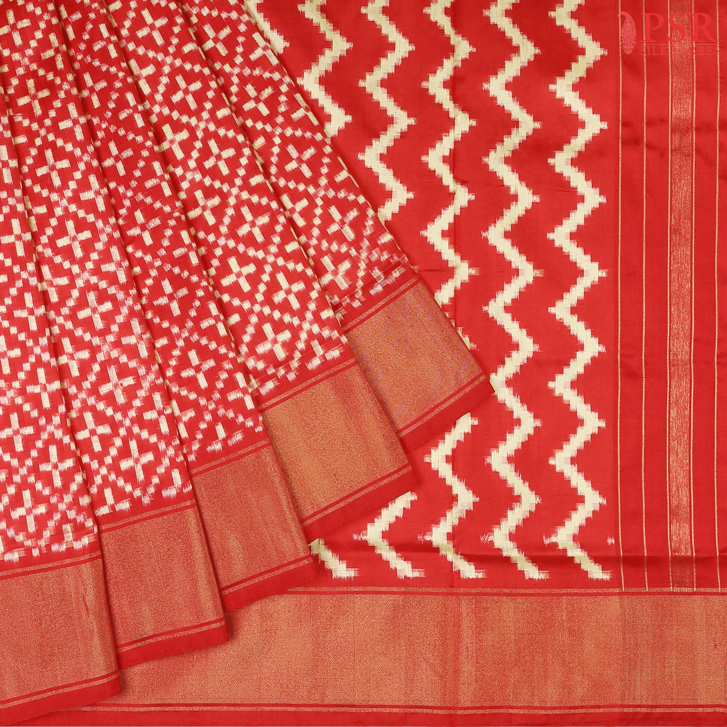 PSR Silks brings you a breathtaking Red &amp; Cream Yellow Pochampally Ikkat Silk Saree. 