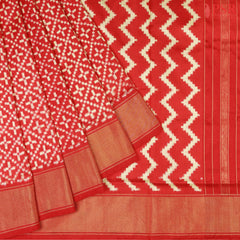 PSR Silks brings you a breathtaking Red &amp; Cream Yellow Pochampally Ikkat Silk Saree. 
