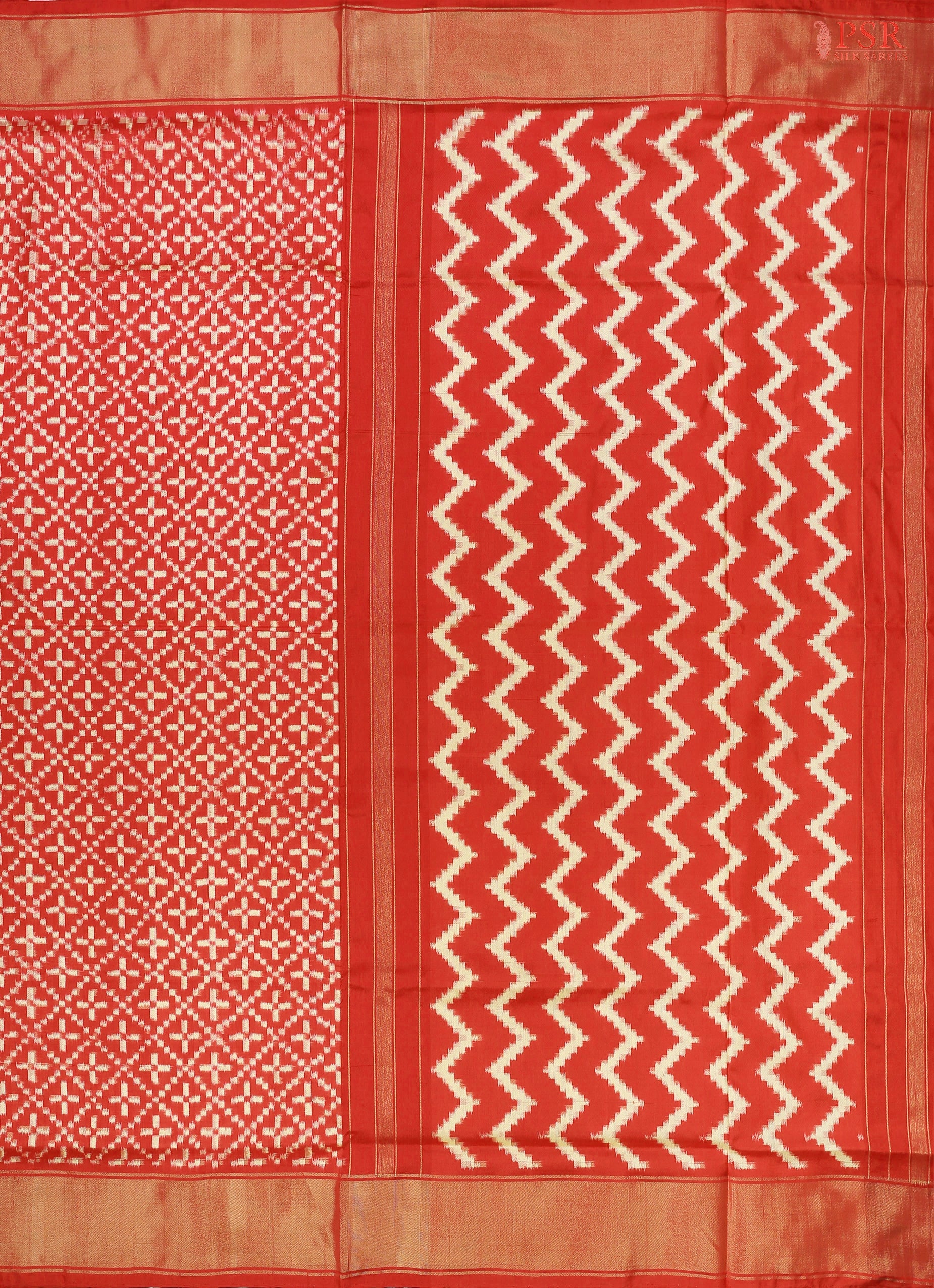 PSR Silks brings you a breathtaking Red &amp; Cream Yellow Pochampally Ikkat Silk Saree. 