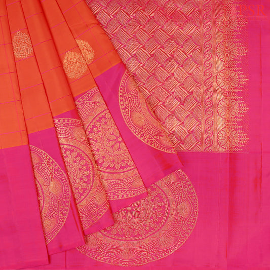 Rich Orange Kanchipuram Silk Saree with Dark Pink checks and floral zari motifs