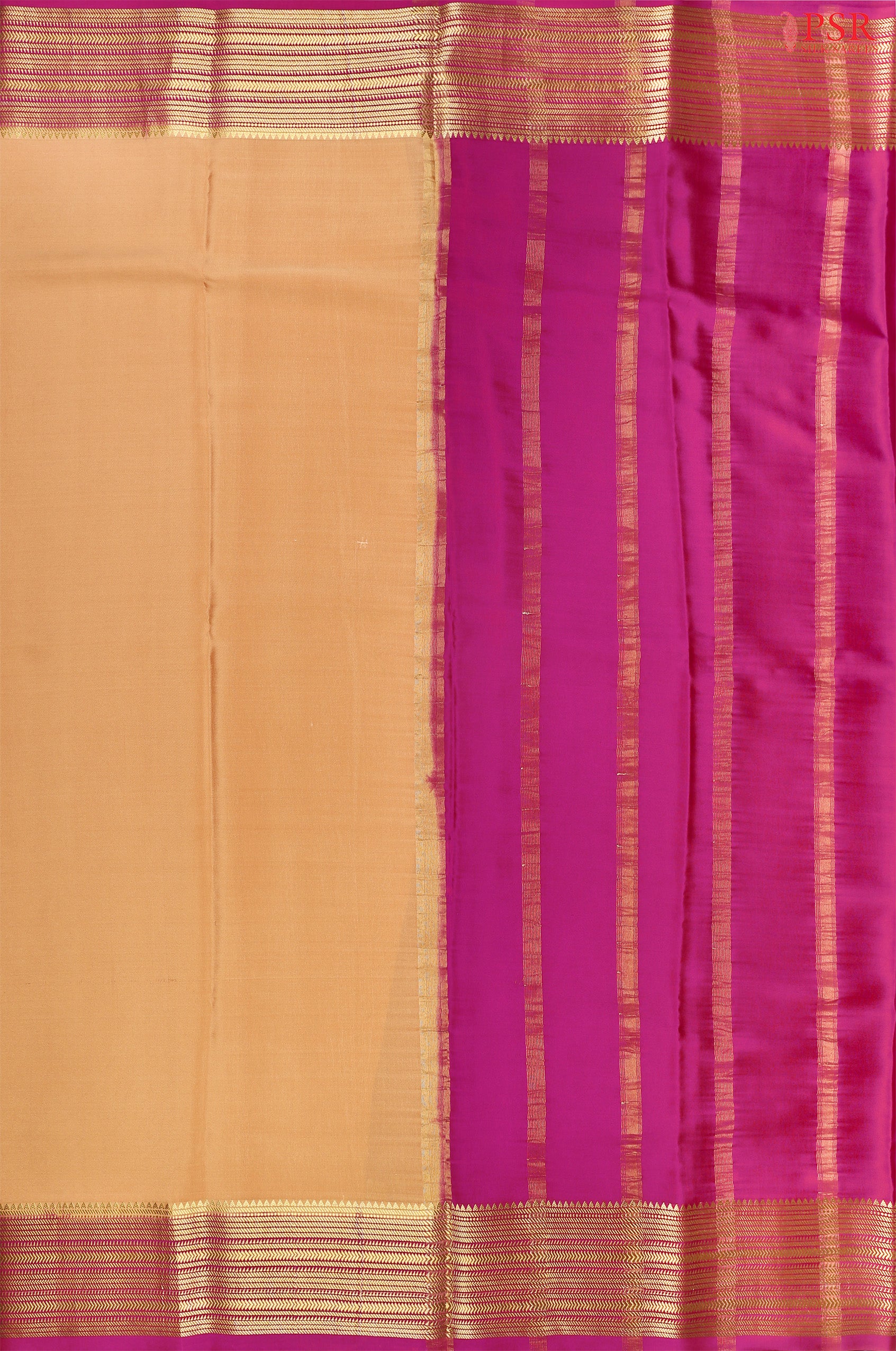 PSR Silks presents a Sandy Tan colored Mysore Silk saree with combination of Vadamalli Purple color.