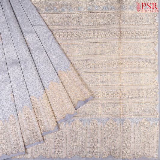 Silver Grey Kanchipuram Silk Saree with elegant silver zari checks