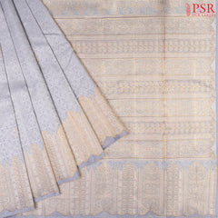 Silver Grey Kanchipuram Silk Saree with elegant silver zari checks