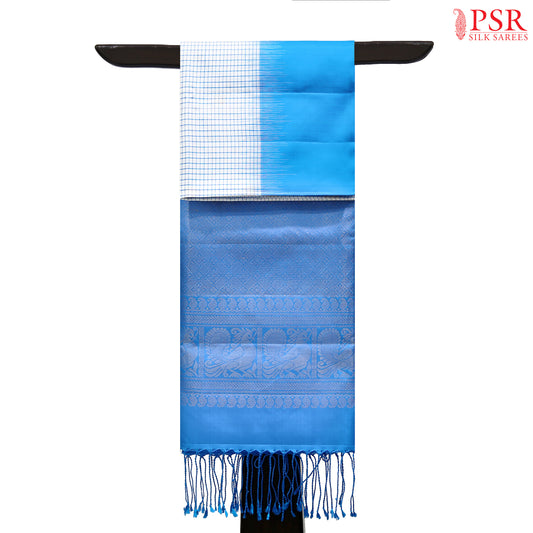 Experience elegance and grace with the exquisite White and Cerulean Blue Coimbatore Soft Silk Saree by PSR Silks. 
