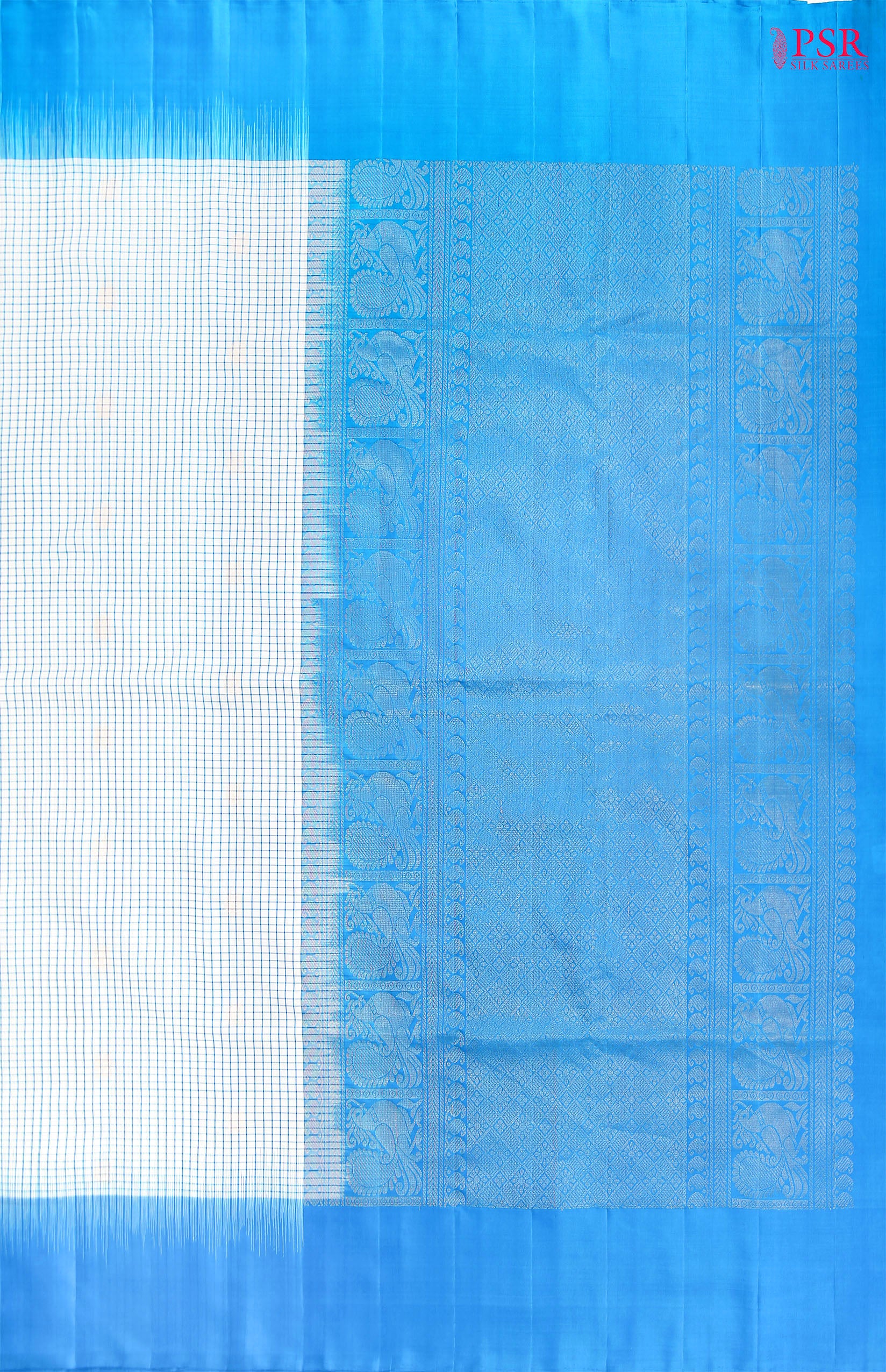 Experience elegance and grace with the exquisite White and Cerulean Blue Coimbatore Soft Silk Saree by PSR Silks. 