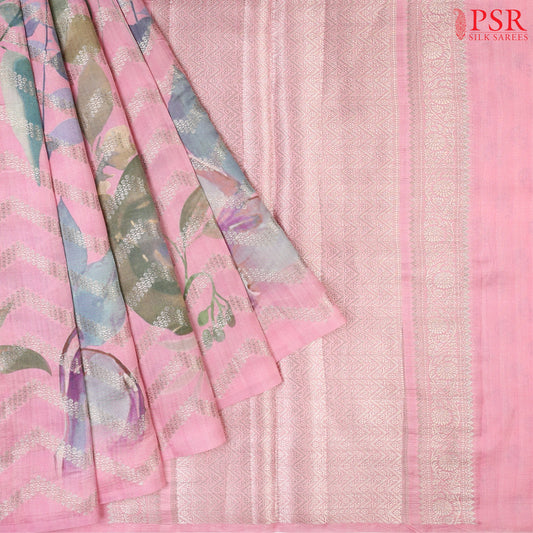 Taffy Pink Chiniya Silk Saree with floral prints and silver zari jacquard chevron stripes.