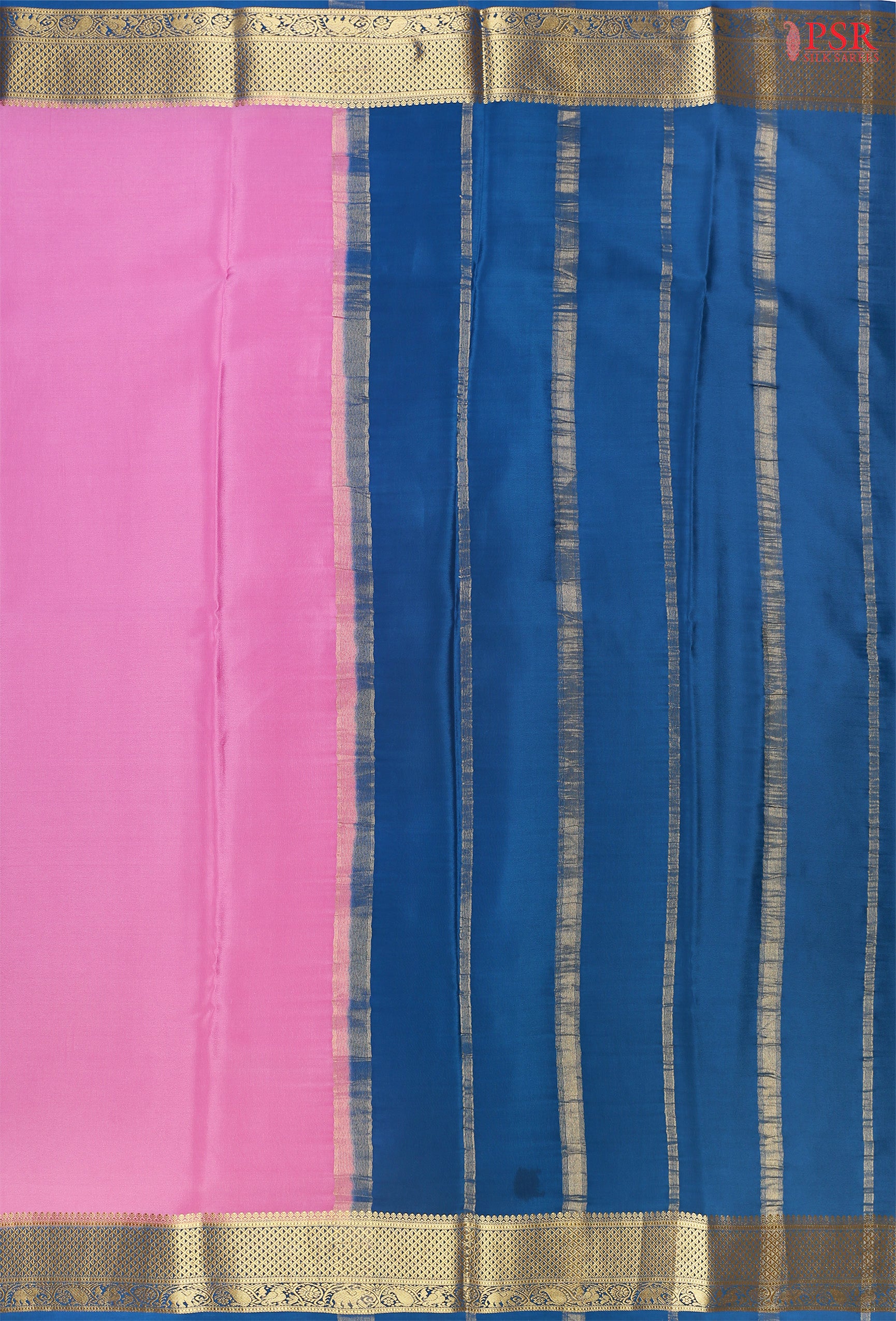 PSR Silks presents a Taffy Pink colored Mysore Silk saree with combination of Peacock Blue color.