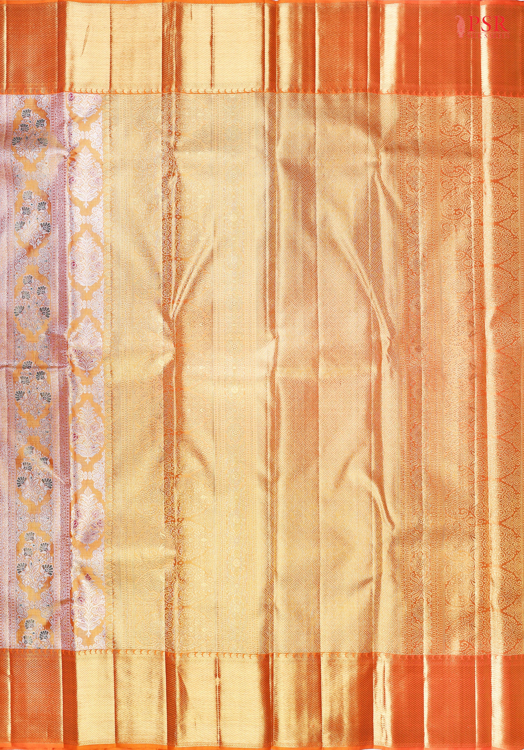 PSR Silk Sarees presents a stunning Tangerine Orange Kanchipuram Tissue Silk Saree, categorized under Bridal Kanchipuram